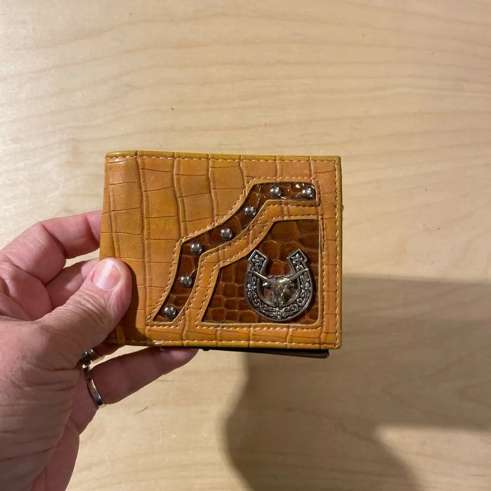 Western Themed Brown Leather Wallet with Silver Accents (MG)